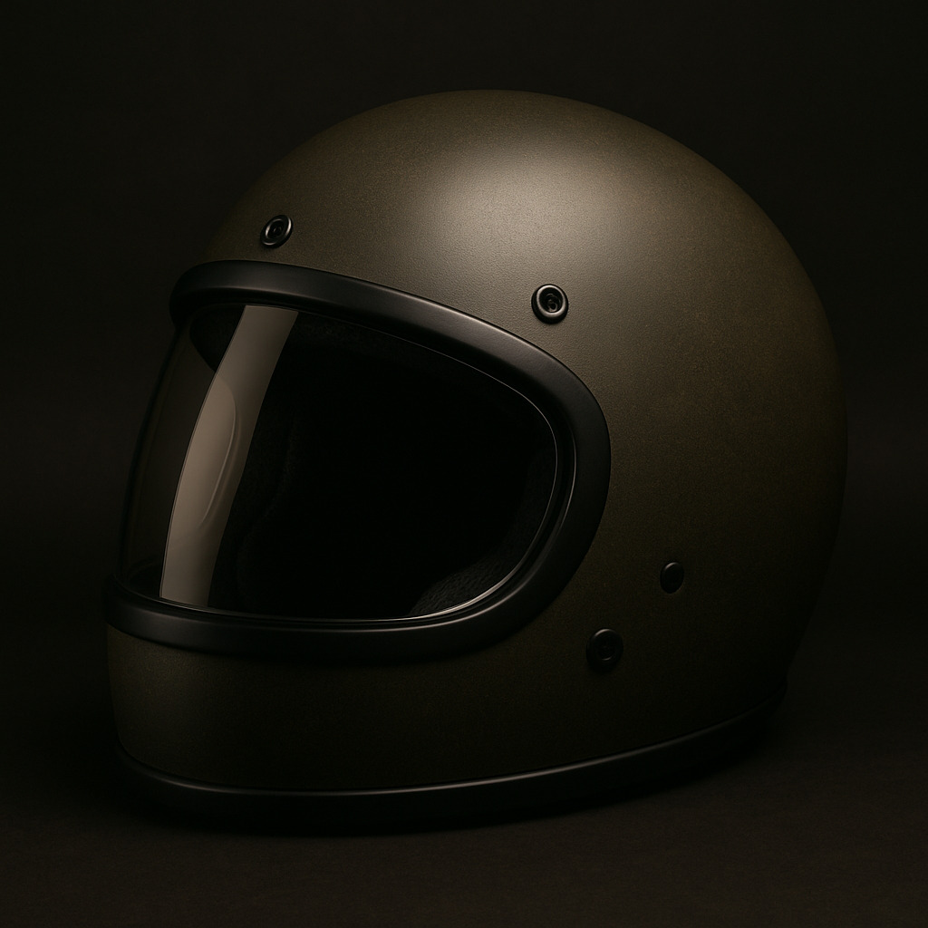 マットオリーブのジェットヘルメットが暗めの背景で渋く撮影された写真。落ち着いた質感と重厚感があり、安全性とクラシックな雰囲気を表現している。