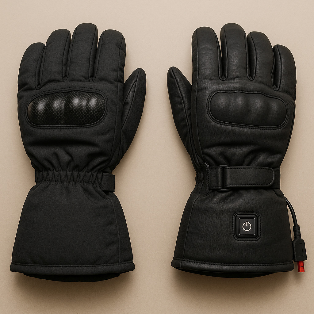 冬のバイク向けにデザインされた黒いウィンターグローブが置かれているシンプルな構図。背景は落ち着いたベージュで、グローブの質感や防寒性能がわかるように丁寧に描写されている。
