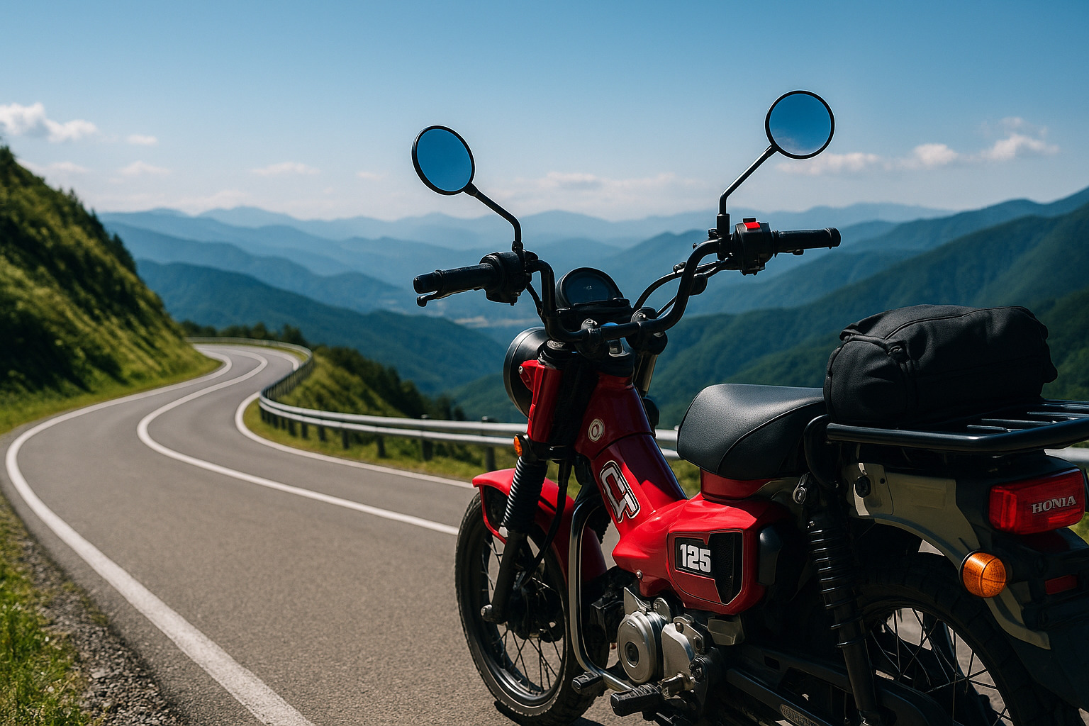 山岳地帯のワインディングロードのカーブ沿いに停められた赤いホンダCT125を写した写真風の画像。遠くに重なる青い山並みと澄んだ空が広がり、ツーリングの爽快感を感じさせる構図。