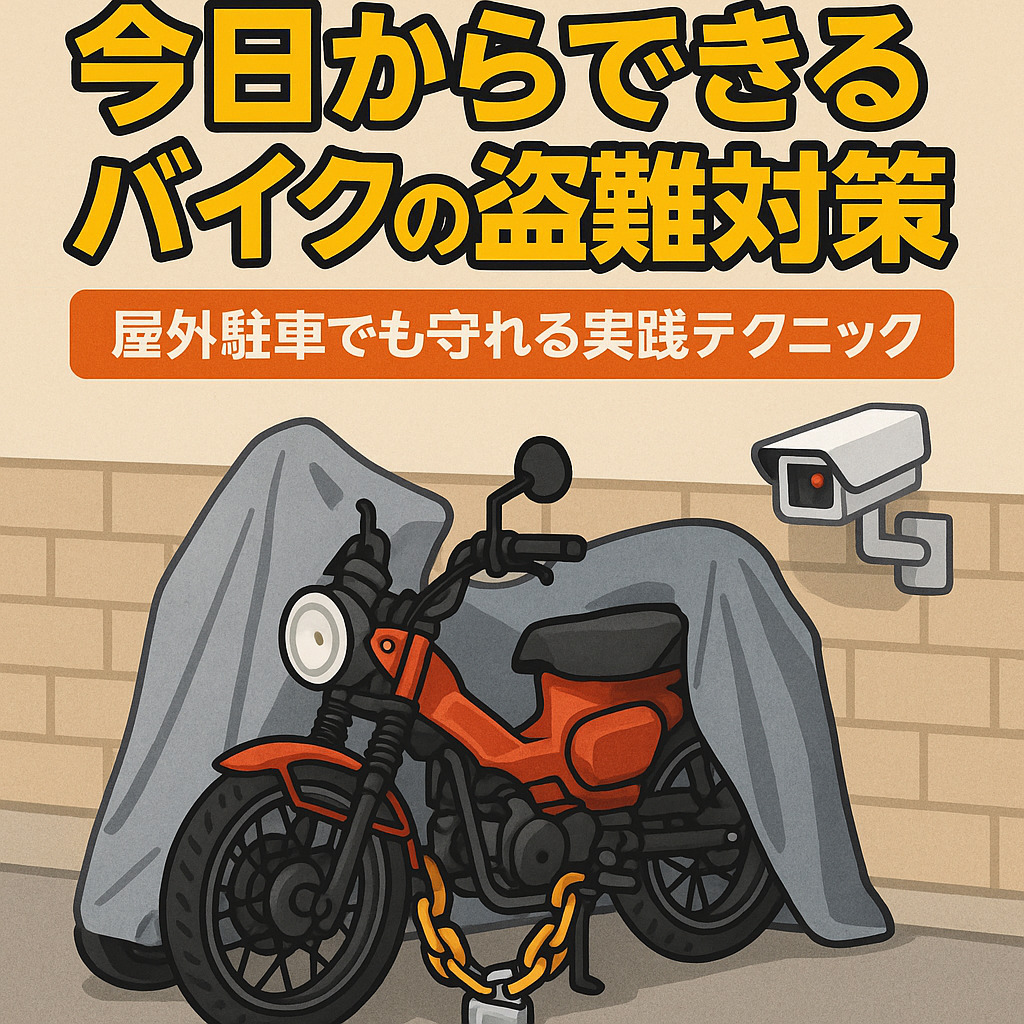 屋外駐車のバイクが厚手カバーと太いチェーンロックで盗難対策され、防犯カメラが監視している様子を描いたイラスト。今日からできるバイク盗難対策をテーマにした記事用アイキャッチ。