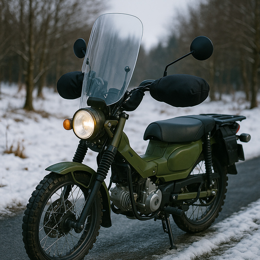 雪の残る冬の林道に停められたグリーンのバイク。ウインドシールドとハンドルカバーを装着した冬仕様カスタムのバイクが、寒冷な景色の中でライトを点灯させている写真。