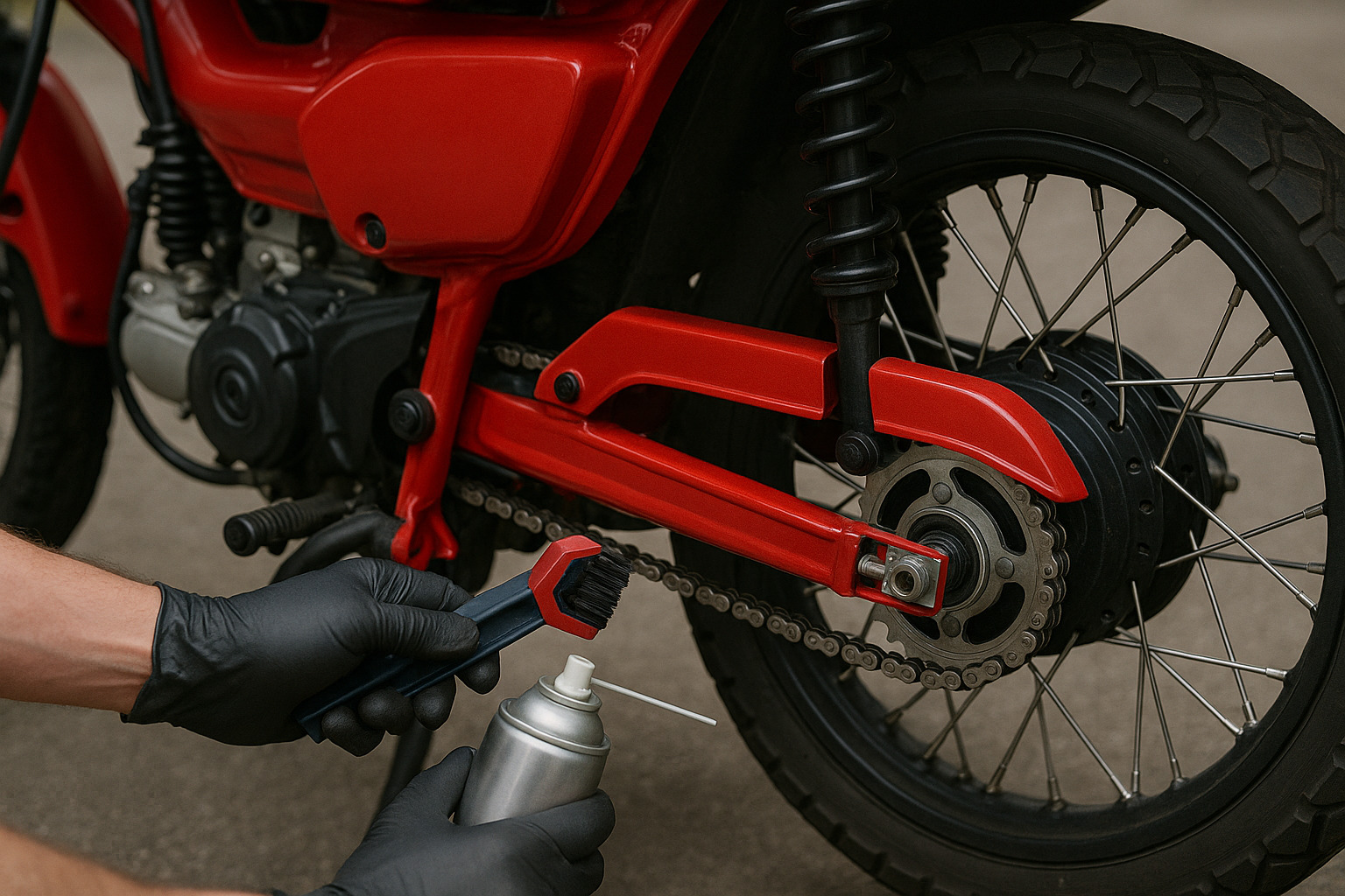 赤いデュアルスポーツバイクの後輪まわりで、チェーンをブラシとスプレーでメンテナンスしている様子が写っている。