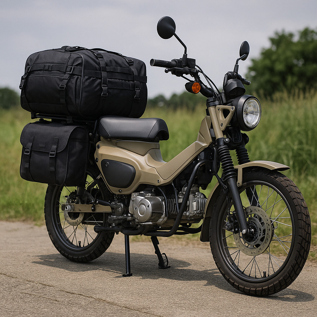 ツーリングバッグを装着した架空デザインのデュアルパーパスバイクが、草地のそばで撮影されている写真