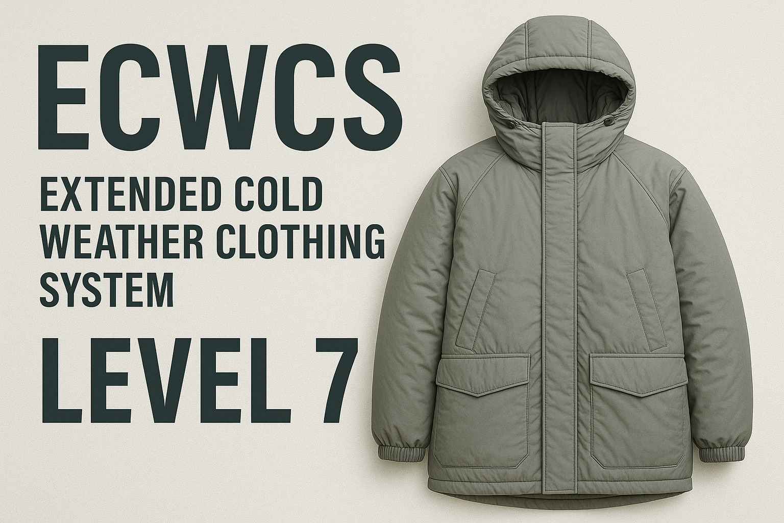 ECWCS Level 7のミリタリーパーカーが正面から写された写真。落ち着いたグレーの中綿入りジャケットで、大型フードとフラップ付きポケットを備え、極寒仕様のボリューム感が分かる構図。