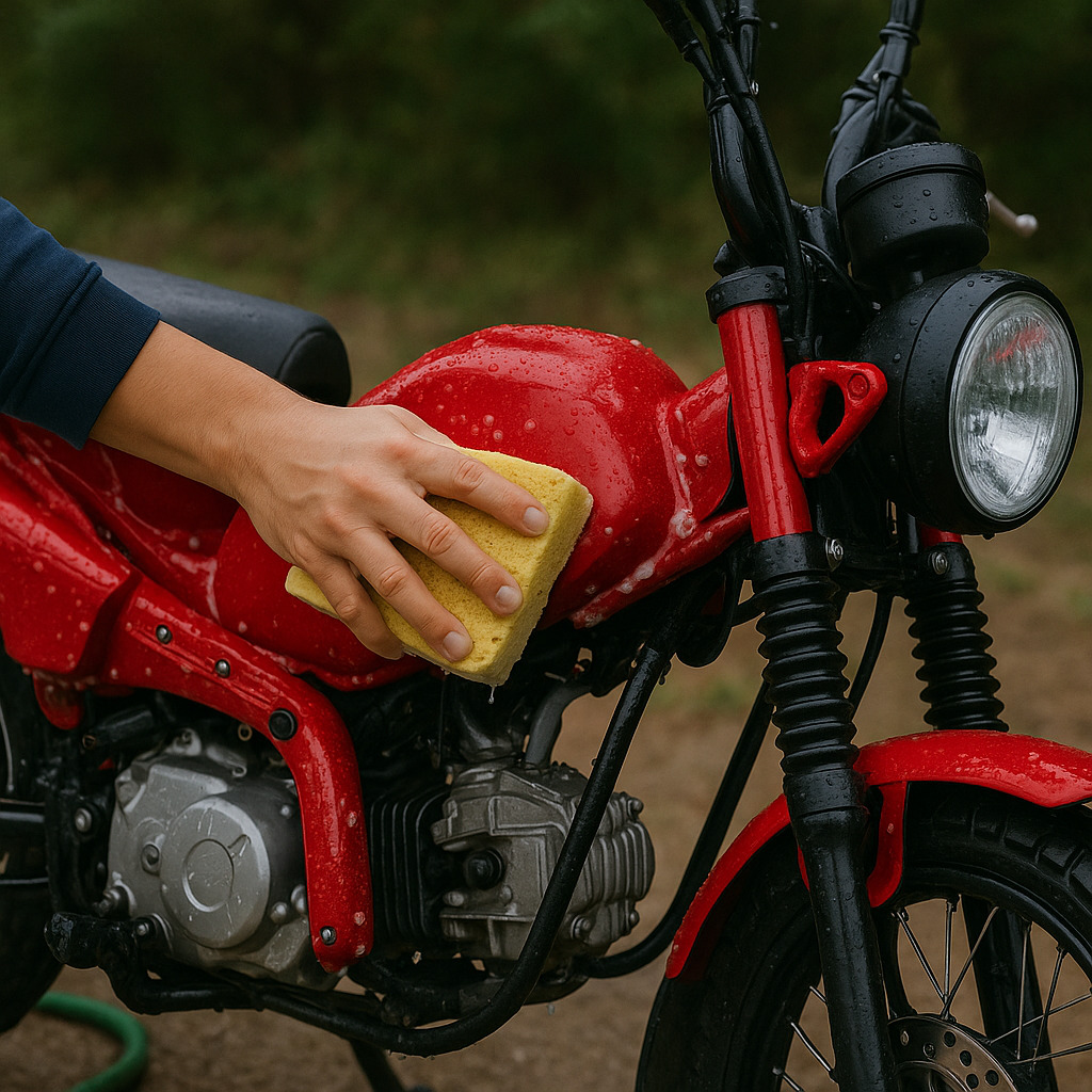赤いオフロード風バイクを屋外で手洗いしている様子。スポンジでタンク部分を優しくこすり、水滴が車体に残っている。ヘッドライトやエンジン周りも濡れており、洗車作業のリアルな質感が伝わる写真。