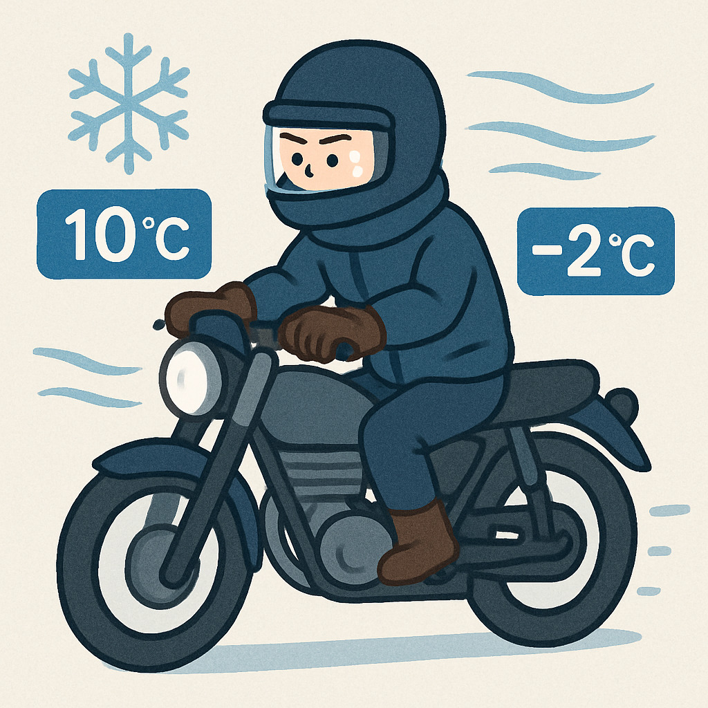 寒い中をバイクで走るライダーが、走行風で体感温度が下がる様子を示したイラスト。外気温10℃の表示と、体感温度−2℃の表示、雪の結晶や風の線が描かれている。