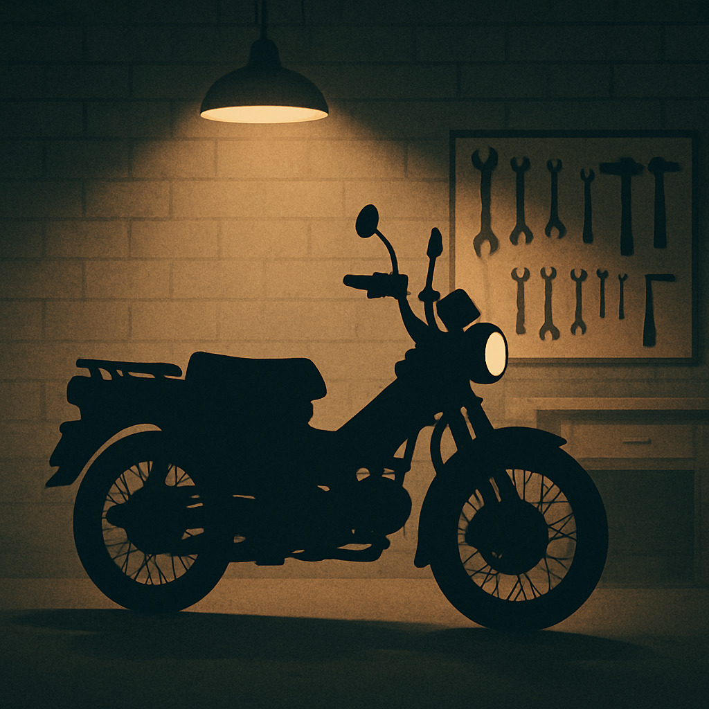 暖色の作業灯に照らされた明るめのガレージで、小型バイクのシルエットが浮かび上がっているオリジナルイラスト。背後には工具が整然と並び、整備スペースの雰囲気がやわらかい光で表現されている。