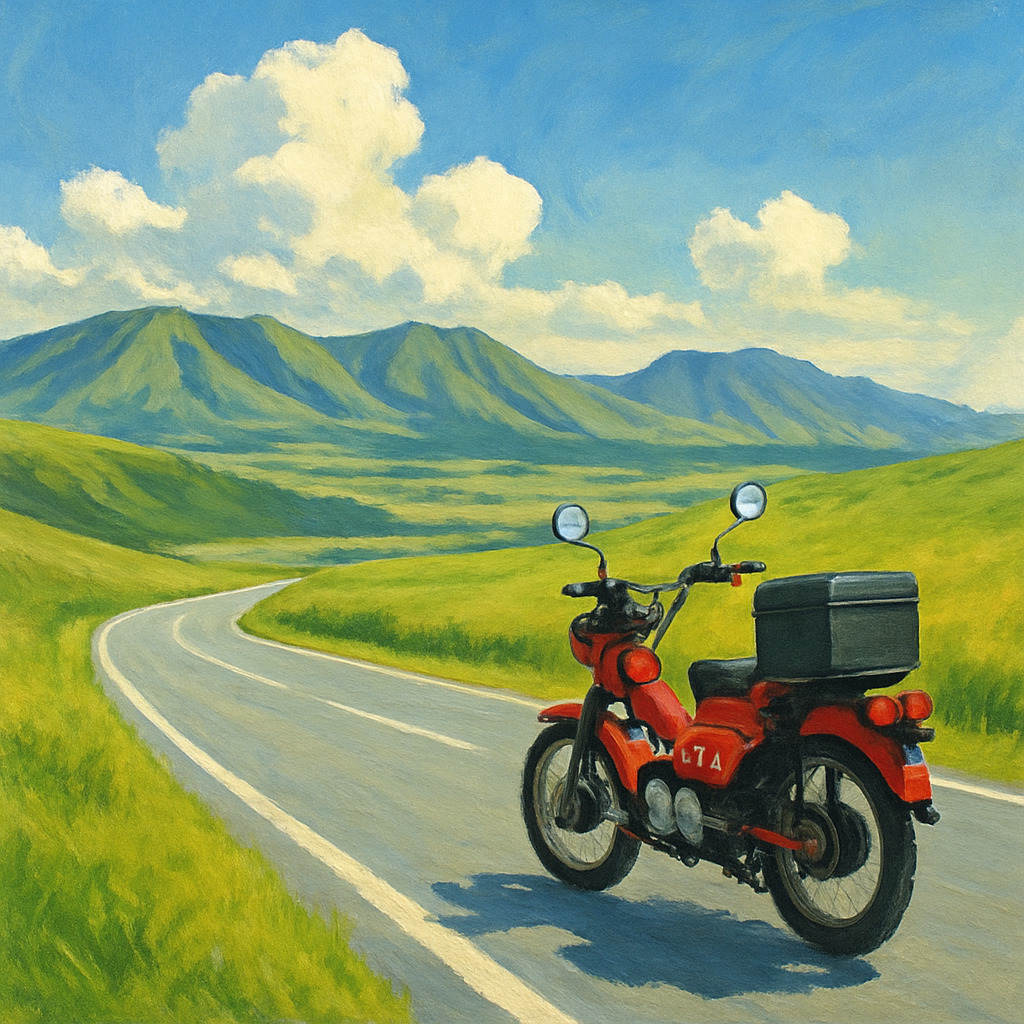 阿蘇の草原と外輪山を背景に、曲がりくねる高原道路の脇に赤いハンターカブ風バイクが停まっている、油彩タッチで描かれたオリジナルの風景イラスト。澄んだ青空と白い雲が広がり、阿蘇らしい雄大な景色を表現した1対1のアイキャッチ画像。
