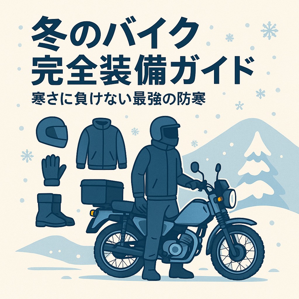 冬のバイク装備をテーマにしたイラスト。雪景色の中で、ヘルメット・ジャケット・グローブ・ブーツなどの防寒ギアを身につけたライダーがバイクの横に立っている様子を、シンプルで明るい色合いで表現した画像。