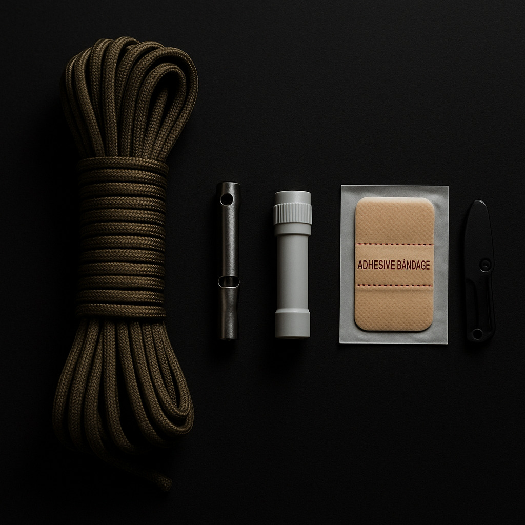 黒い背景の上にパラコードと防災用アイテムが並べられたフラットレイ画像。災害時の備えをイメージしたシンプルで力強い構図。