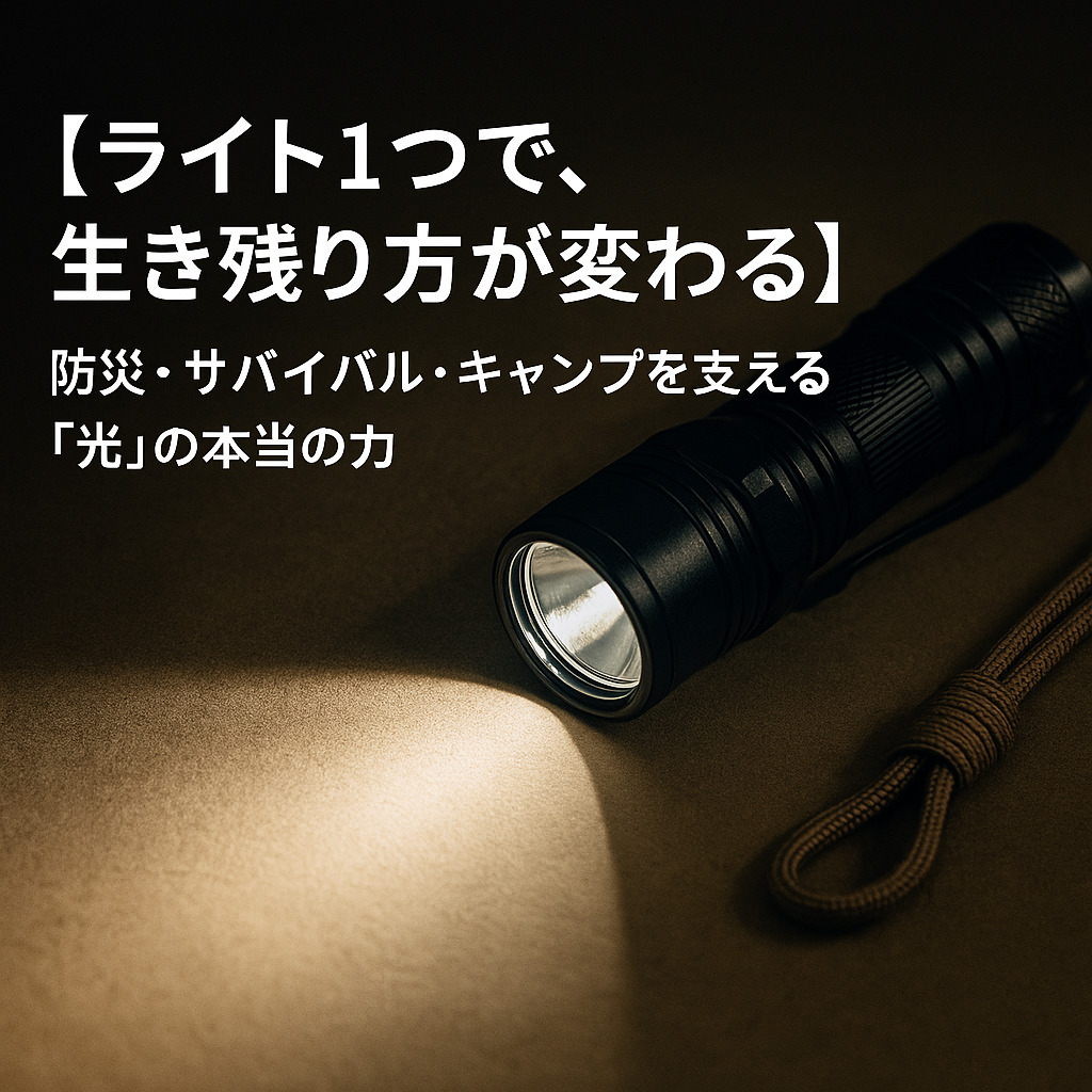 暗い背景の上に置かれた黒いタクティカルライトが強い白色光を照射している写真。ライトの横にはパラコードのストラップが写り、画面左上には「ライト1つで、生き残り方が変わる 防災・サバイバル・キャンプを支える光の本当の力」というテキストが表示されている。